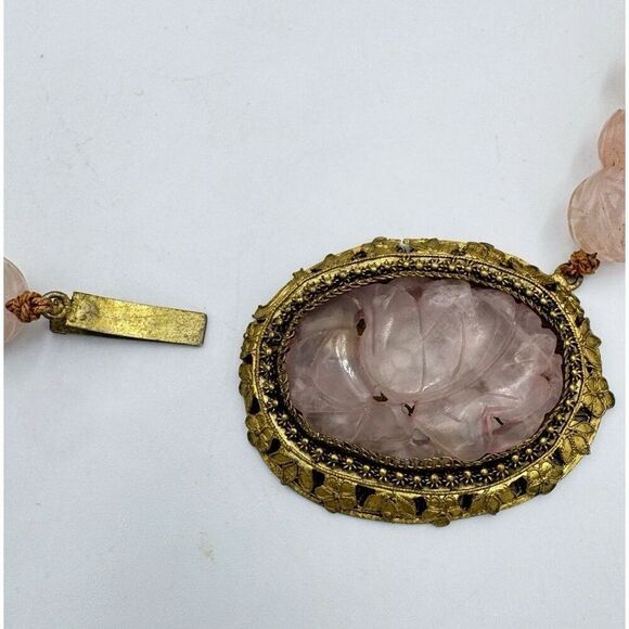Vintage Antique Carved Rose Quartz Gold Tone Ornate Filigree Collar Necklace 14” - Picture 12 of 14